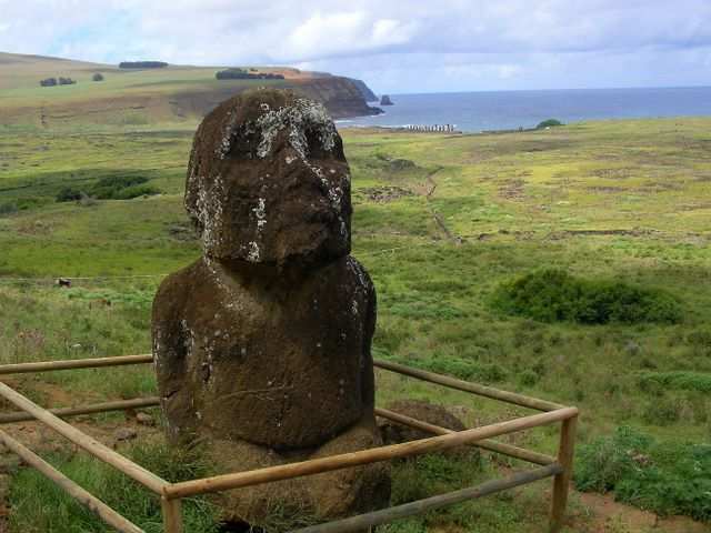 Hier eine ungewoehnliche und unique Moai-Form. Lt. Ueberlieferung ein “verbotener” Moai. Er sieht den Tikis in Frz. Polynesien verdaechtig aehnlich.